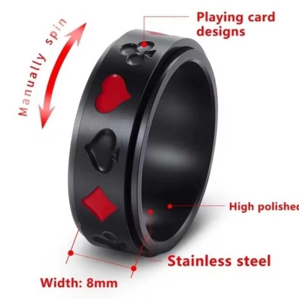 Black and Red Stainless  steel Poker Fridget Spinner Ring Sz 11